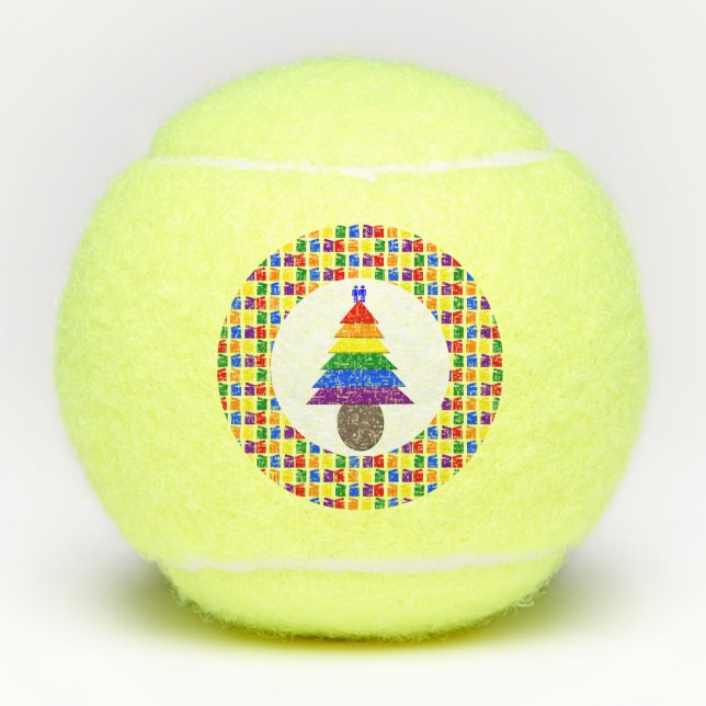 Gay Men Rainbow Christmas Tree and Presents Tennis Balls (Front)