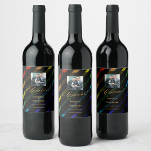 Gay Men Wedding Elegant Rainbow Photo Wine Label