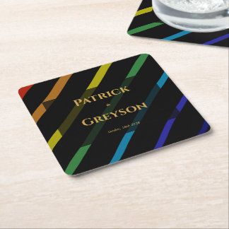 Gay Men Wedding Elegant Rainbow Square Paper Coaster