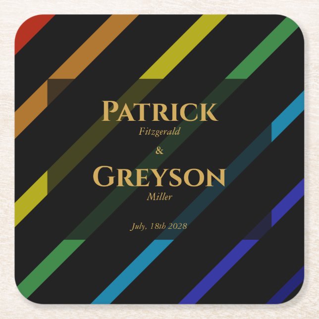 Gay Men Wedding Elegant Rainbow Square Paper Coaster (Front)