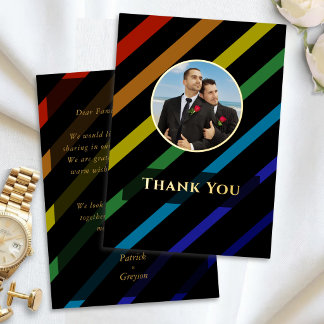 Gay Men Wedding Elegant Rainbow Thank You Gold Foil Holiday Card