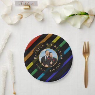Gay Men Wedding Photo Elegant Rainbow Paper Plate