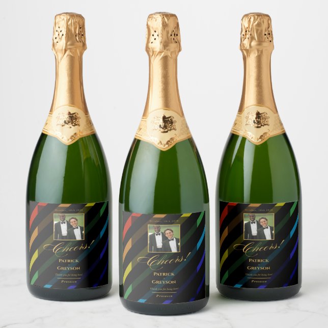 Gay Men Wedding Photo Elegant Rainbow Sparkling Wine Label (Bottles)