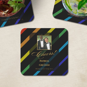 Gay Men Wedding Photo Elegant Rainbow Square Paper Coaster