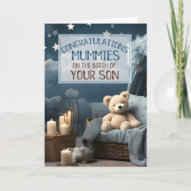 Gay Mums Blue New Baby Congratulations Card (Front)