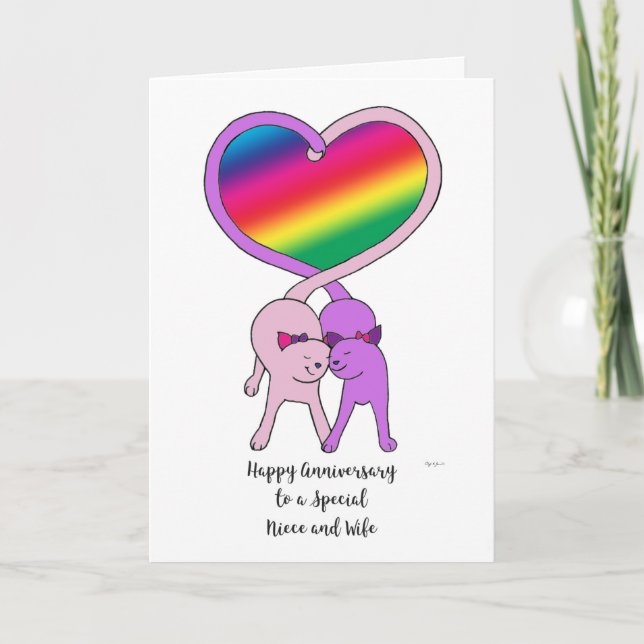 Gay Niece & Wife Anniversary Rainbow Cats Card (Front)