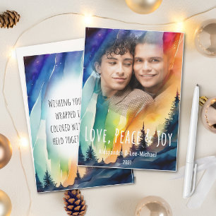Gay Northern Lights Watercolor Christmas Photo Holiday Card