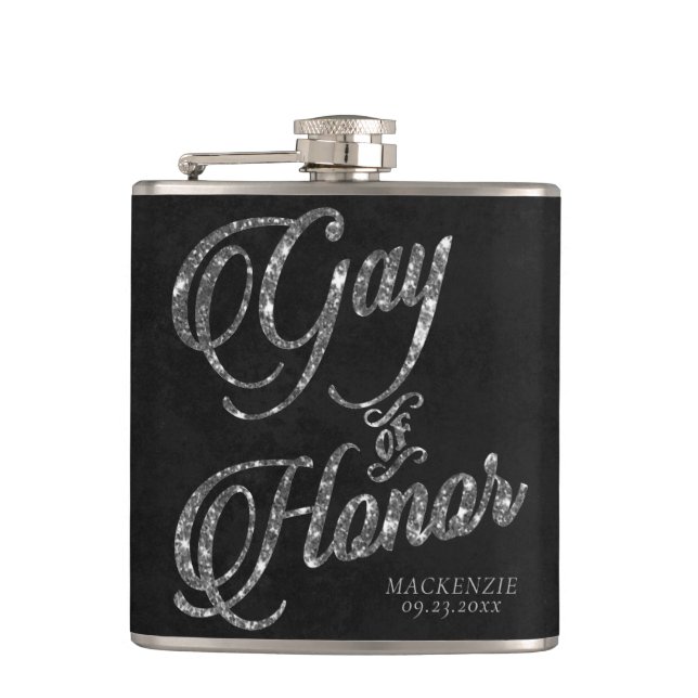 Gay of Honour | Silver Bridal Party Custom Keepsak Hip Flask (Front)