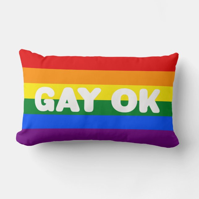 GAY OK Big Statement LGBT Gay Pride Rainbow Flag Lumbar Cushion (Front)