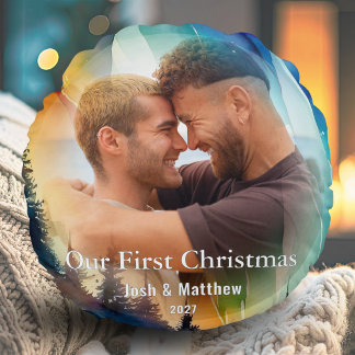 Gay Our First Holidays Photo Northern Lights Round Cushion