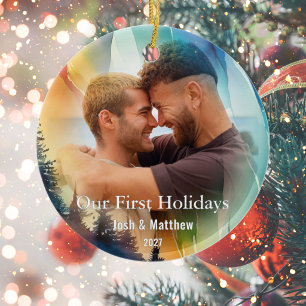 Gay Our First Holidays Photo Rainbow Ceramic Ornament