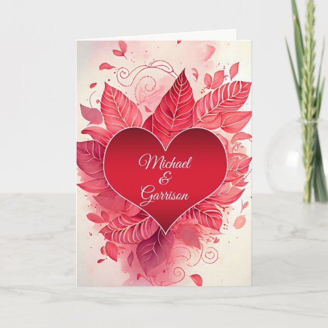 Gay Partner Valentine's Day Red Heart Botanical Holiday Card (Front)