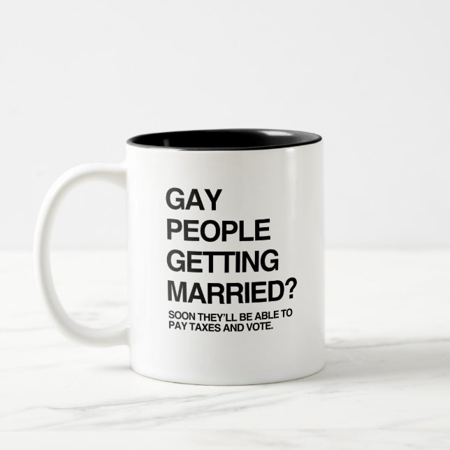 GAY PEOPLE GETTING MARRIED Two-Tone COFFEE MUG (Left)