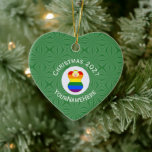 Gay Pride Blonde Angel Hanukkah Flag Personalized  Ceramic Ornament<br><div class="desc">Blond angel wearing the Gay Pride Rainbow flag on a heart shaped ceramic ornament for Christmas decor. The blond Gay Pride angel flies inside a white circle of squiggly squares surrounded by a background of green squiggly squares for Christmas cheer. Add your own text or personalize with a name and...</div>
