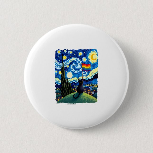 Gay Pride Cat Art Cat Starry Night Style LGBTQ Pri 6 Cm Round Badge (Front)