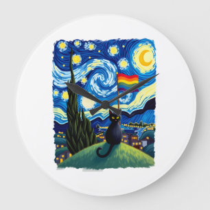 Gay Pride Cat Art Cat Starry Night Style LGBTQ Pri Large Clock