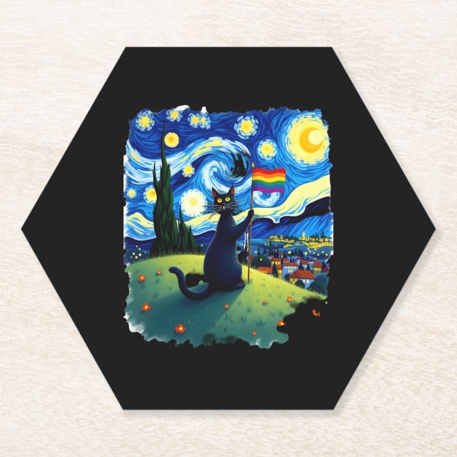 Gay Pride Cat Art Cat Starry Night Style LGBTQ Pri Paper Coaster (Front)