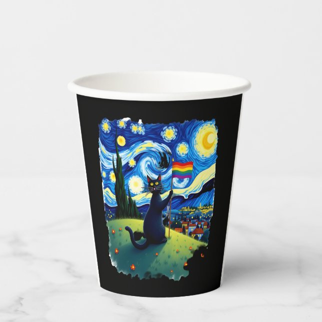 Gay Pride Cat Art Cat Starry Night Style LGBTQ Pri Paper Cups (Front)