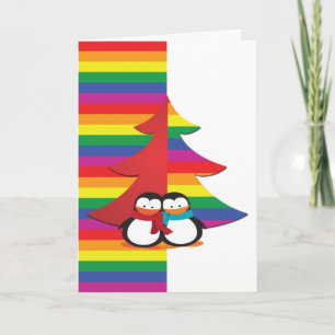 Gay Pride Christmas Tree With Penguin Couple Holiday Card