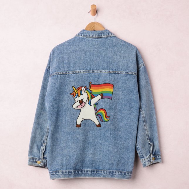 Gay Pride Dabbing Unicorn With Flag Denim Jacket (Hangar)