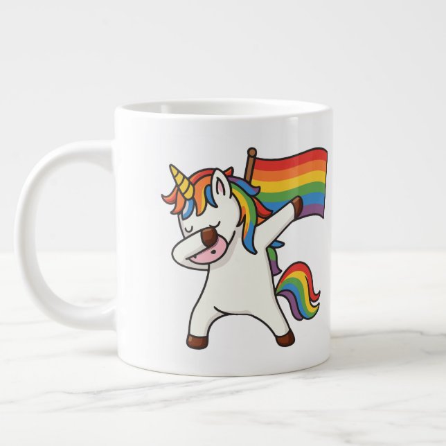 Gay Pride Dabbing Unicorn With Flag Large Coffee Mug (Left)