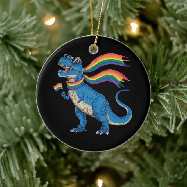 Gay Pride Dino Trex Rainbow Flag Lgbt Ally  Ceramic Ornament (Tree)