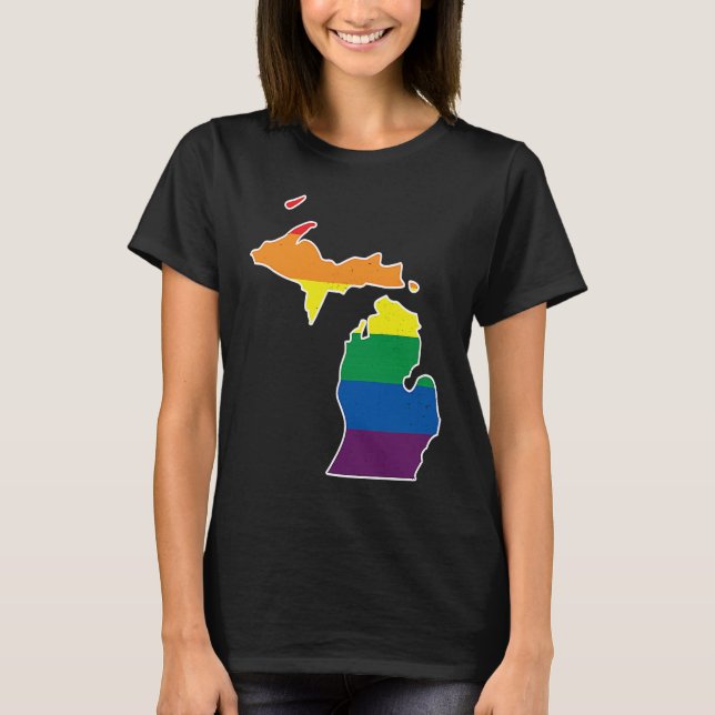 Gay Pride Flag  Michigan State Map  Rainbow Stripe T-Shirt (Front)