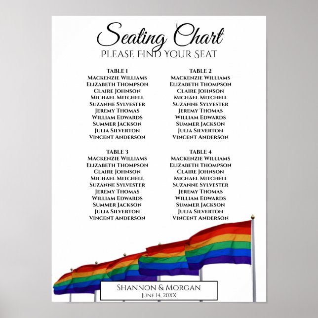 Gay Pride Flags 4 Table Wedding Seating Chart (Front)