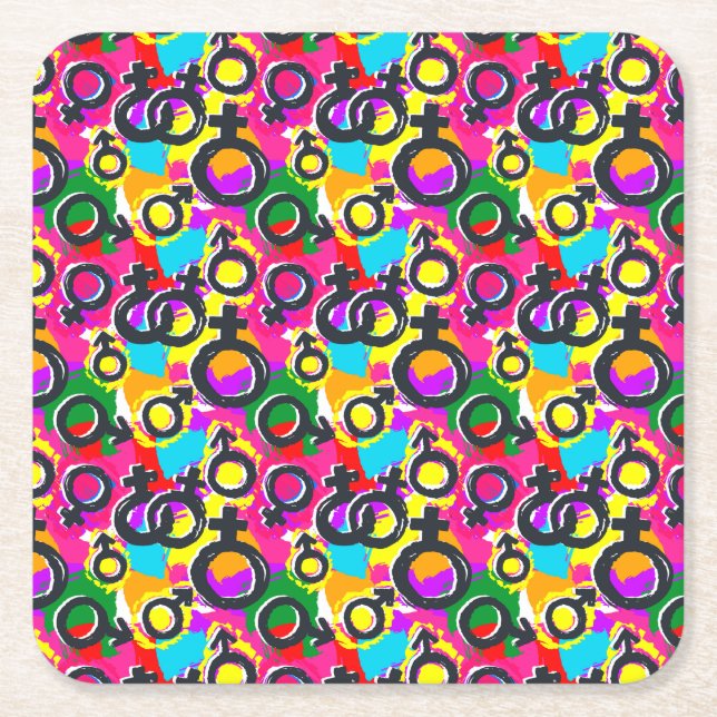 Gay Pride Gender Neon Pattern Square Paper Coaster (Front)