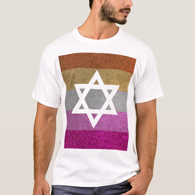 Gay Pride Glitter Lesbian Jewish Star of David T-Shirt (Front)