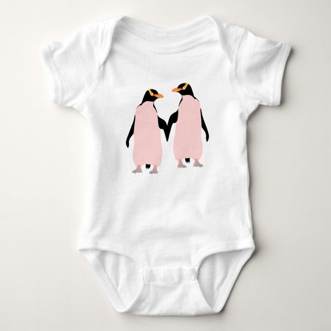 Gay Pride Lesbian Penguins Holding Hands Baby Bodysuit (Front)