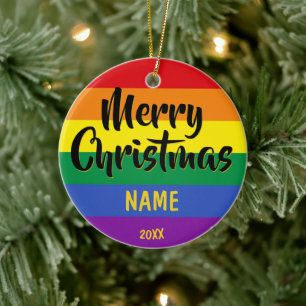 Gay Pride LGBT Rainbow Personalised Christmas Cera Ceramic Ornament