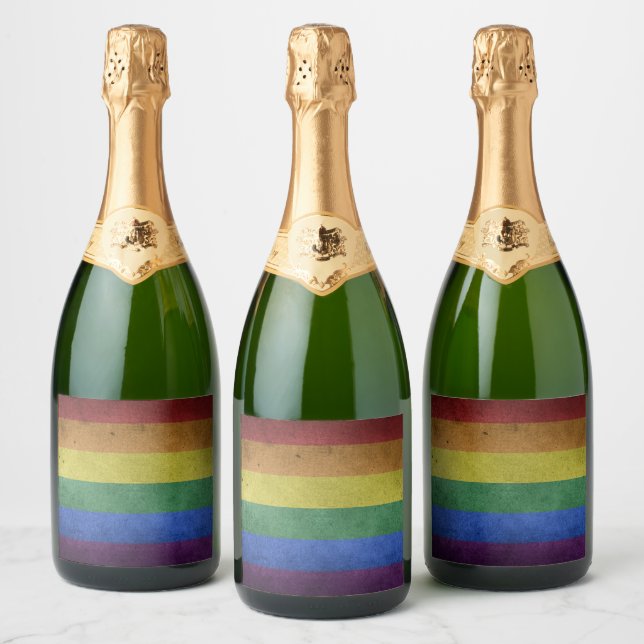 Gay Pride Rainbow Flag Distressed Sparkling Wine Label (Bottles)