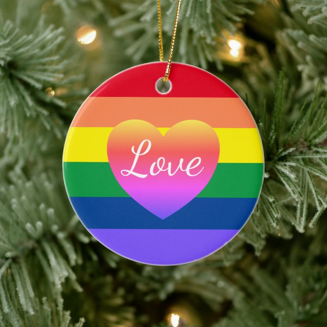 Gay Pride Rainbow Flag Heart LGBTQ Christmas  Ceramic Ornament (Tree)