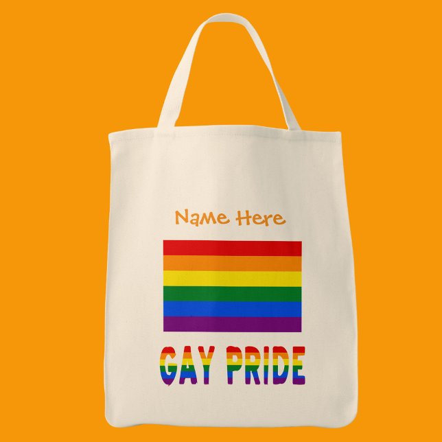 Gay Pride Rainbow Flag Orange Personalised  Tote Bag (Tote bag has the Gay Pride Rainbow Flag with words GAY PRIDE below in flag colors. Add a name above.)
