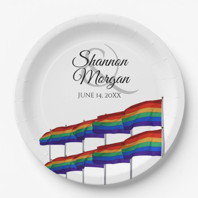 Gay Pride Rainbow Flags Wedding Paper Plates (Front)