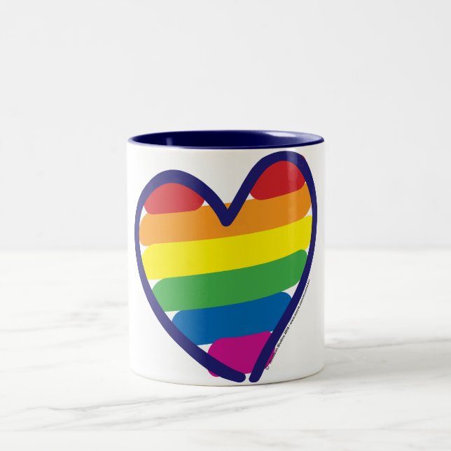 Gay Pride Rainbow Heart Two-Tone Coffee Mug (Center)