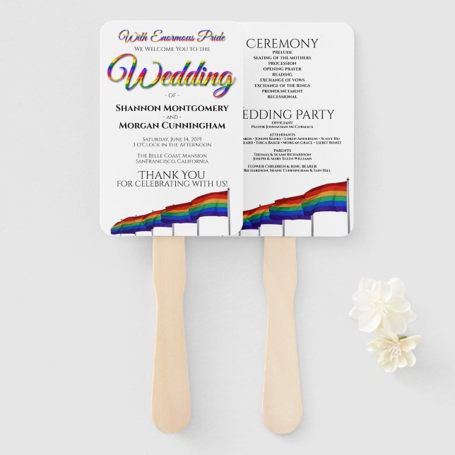 Gay Pride Rainbow Wedding Fans with Program (Front and Back)