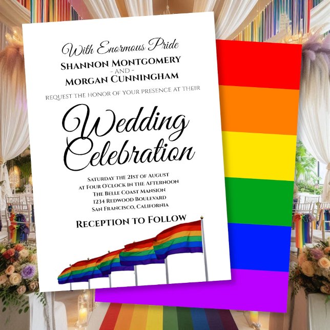 Gay Pride Rainbow Wedding Invitation - Black Text (Front/Back)