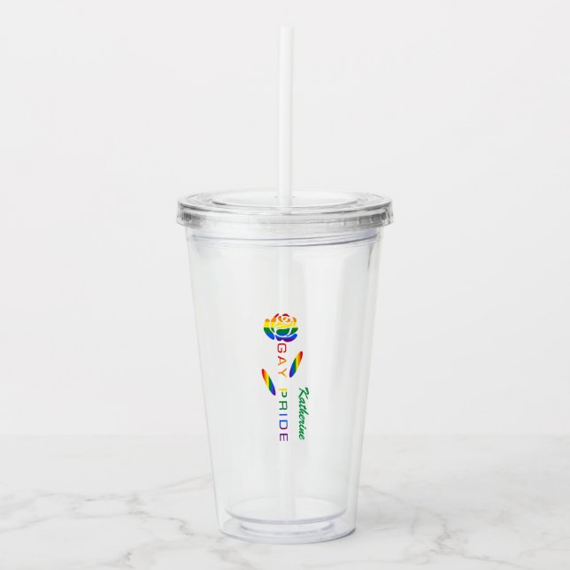 Gay Pride Rose Rainbow Flag Personalised Name Acrylic Tumbler (Front)