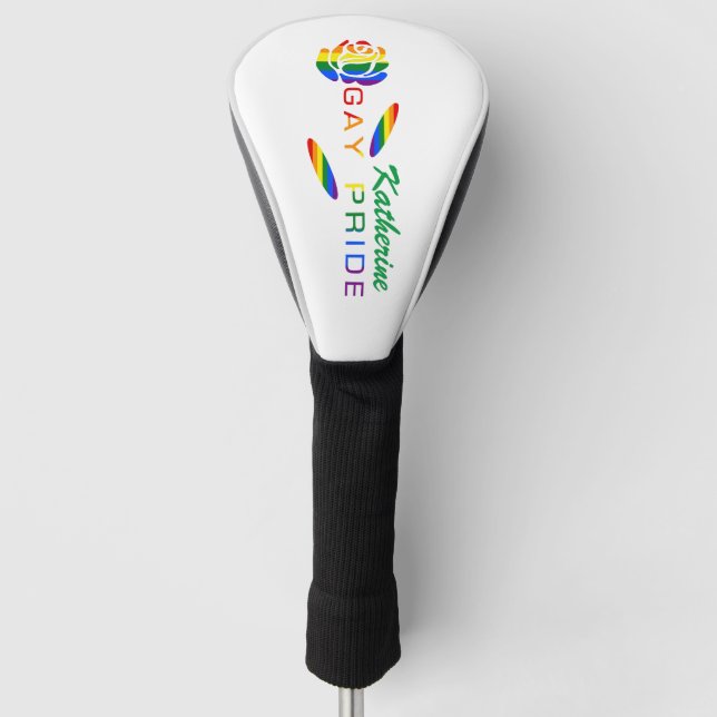 Gay Pride Rose Rainbow Flag Personalised Name Golf Head Cover (Front)