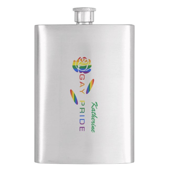 Gay Pride Rose Rainbow Flag Personalised Name Hip Flask (Front)