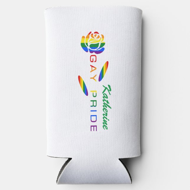 Gay Pride Rose Rainbow Flag Personalised Name Seltzer Can Cooler (Front)