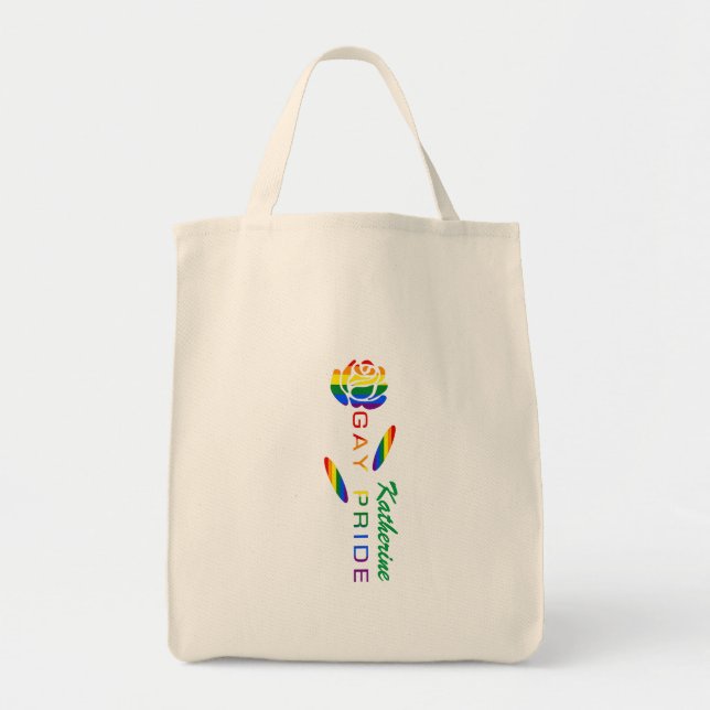 Gay Pride Rose Rainbow Flag Personalised Name Tote Bag (Front)