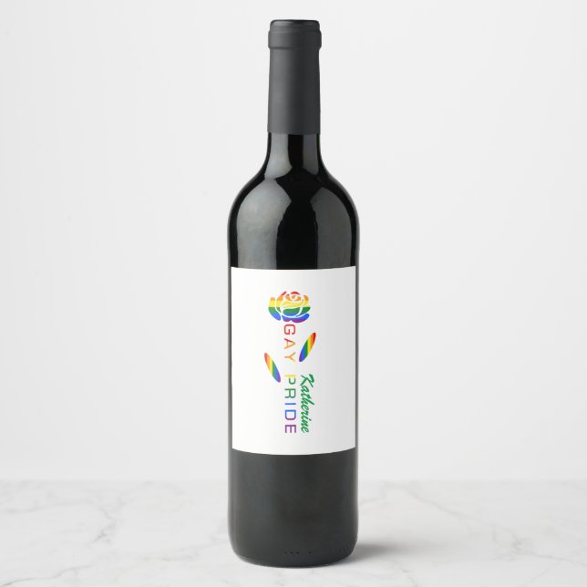 Gay Pride Rose Rainbow Flag Personalised Name Wine Label (Front)