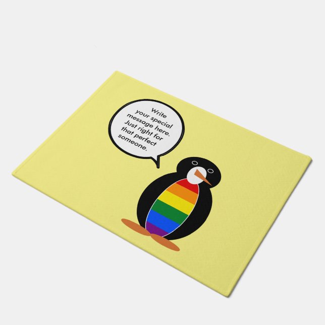 Gay Pride Talking Ms Penguin Personalised  Doormat (Angled)