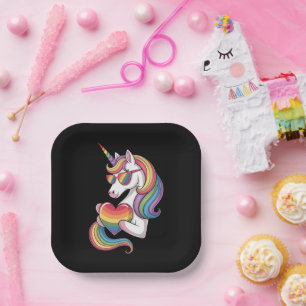 Gay Pride Unicorn Heart Rainbow Flag LGBT Paper Plate