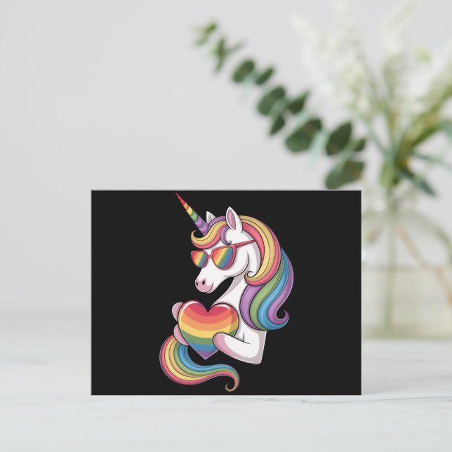 Gay Pride Unicorn Heart Rainbow Flag LGBT  Postcard (Standing Front)