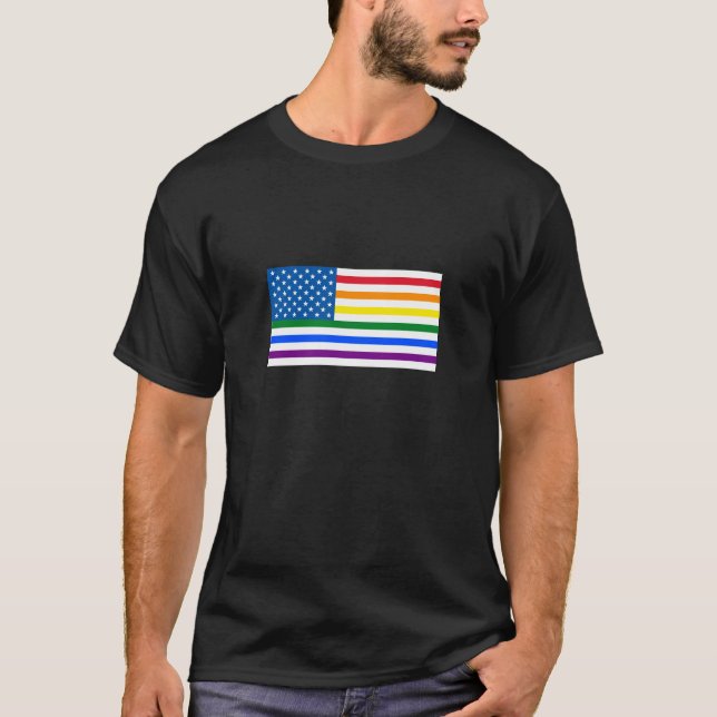 Gay Pride US Flag - Red, White, & Rainbow Stripes T-Shirt (Front)