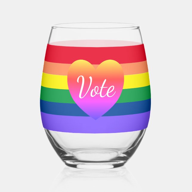 Gay Pride Vote Rainbow LGBTQ 2024 Election Stemless Wine Glass (Front)